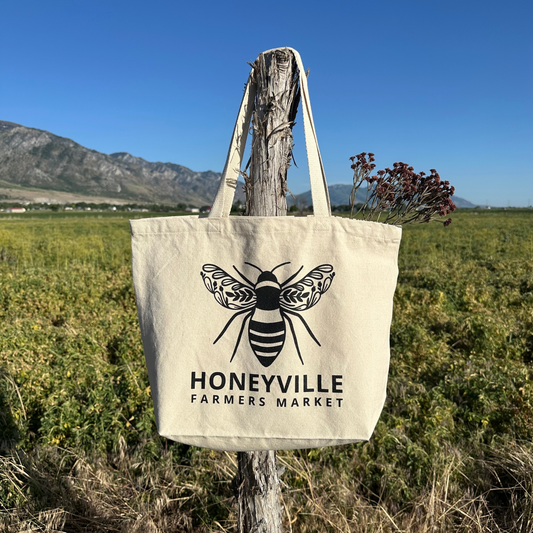 Honeyville Farmers Market Tote Bag – oversized 100% cotton canvas tote in white, perfect for groceries and market shopping.